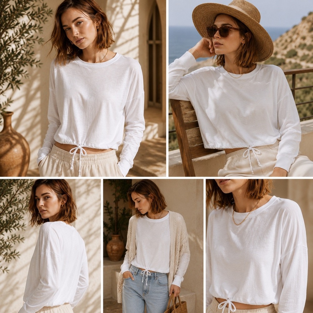 Madewell Long Sleeve T-Shirt Womens XS Oversized Cropped Cotton Drawstring White - Picture 2 of 10